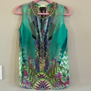 Hale Bob Green Silk Beaded Sleeveless Top